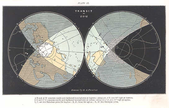 World visibility map of 2012 transit of Venus; from A Popular Account of 